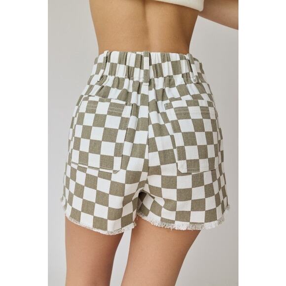 Paper Moon Checkered High Rise Shorts Medium Tan White Retro Summer - Picture 4 of 9